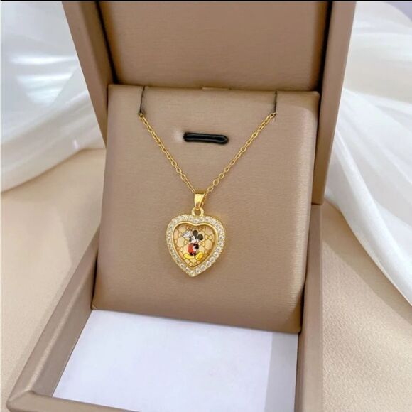 18K Gold Plated Diamond Mickey In Heart With Monogram Background - Picture 4 of 7